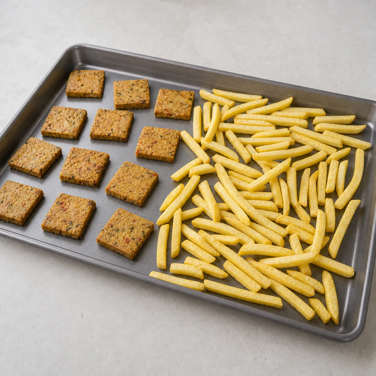 Seitan-frites-salade — remplir la plaque