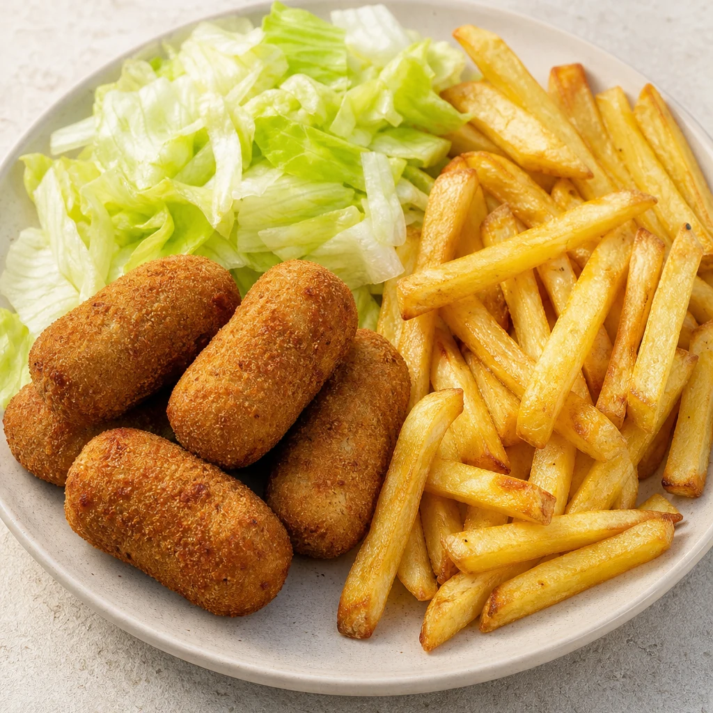 Croquetas, frites et salade