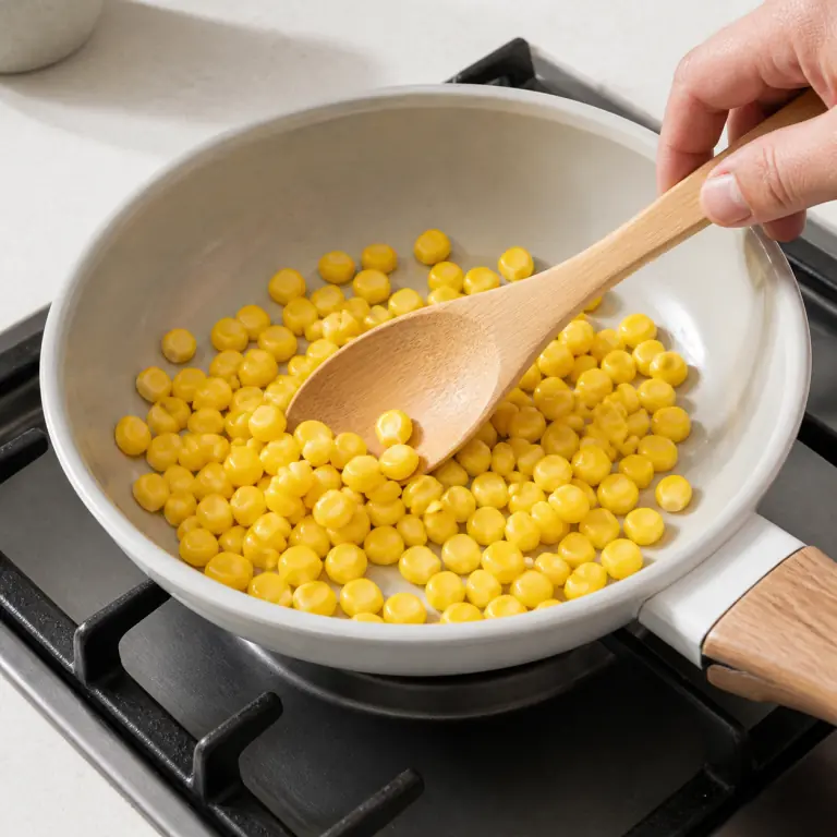 Gros plan pédagogique de réchauffe 40 g de maïs égoutté juste assez pour qu'il soit chaud sans se dessécher. Montrer le récipient exact, une main adulte avec l'ustensile adapté et la couleur ou texture qui prouve la cuisson. Aucun autre aliment ne doit masquer le résultat.