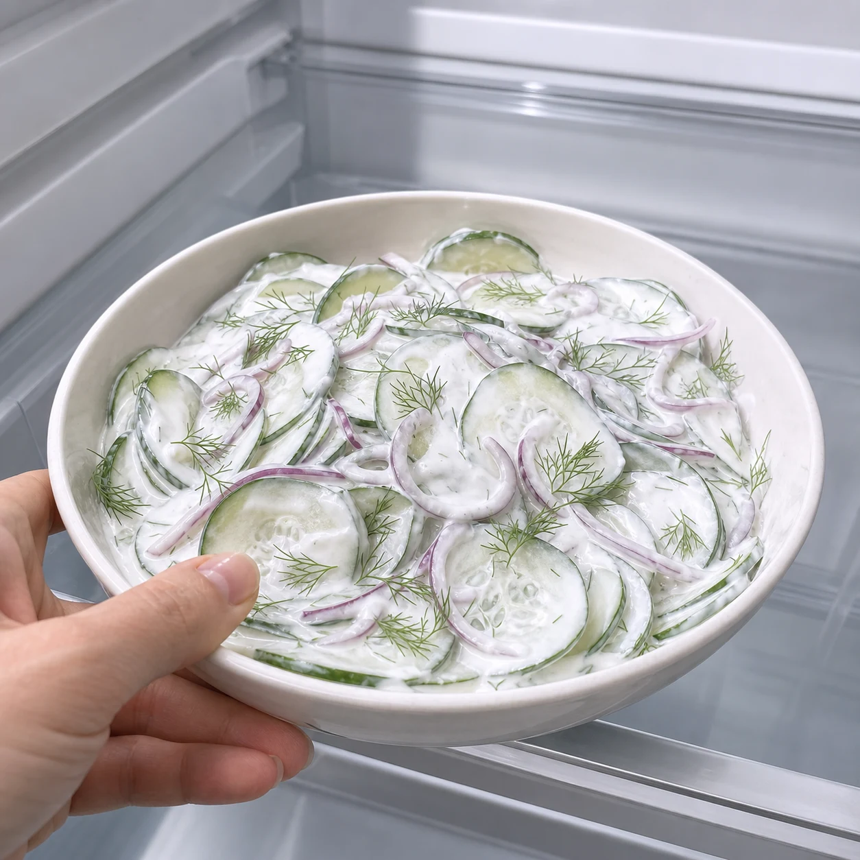 Bol de concombre à la crème terminé, sauce blanche épaisse, rondelles visibles, aneth et fines lamelles d'oignon rouge, prêt à être servi froid.
