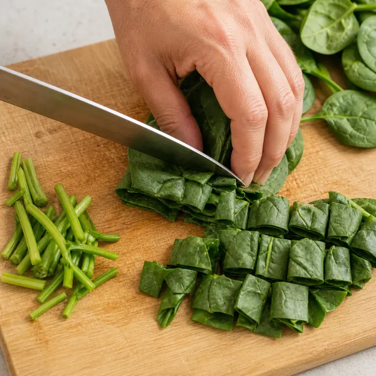 Gros plan pédagogique d'une main adulte qui rince 150 g d'épinards, retire les tiges épaisses puis rassemble les feuilles et coupe-les en bandes de 3 cm, avec lame visible, doigts en griffe, portion intacte et morceaux finis de taille lisible. Aucun autre aliment sur la planche.