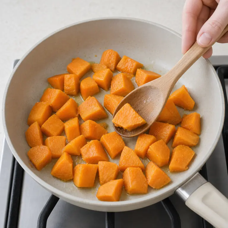 Gros plan pédagogique de fais cuire les cubes de 250 g de patate douce à feu moyen jusqu'à ce qu'ils soient tendres sans se défaire. Montrer le récipient exact, une main adulte avec l'ustensile adapté et la couleur ou texture qui prouve la cuisson. Aucun autre aliment ne doit masquer le résultat.