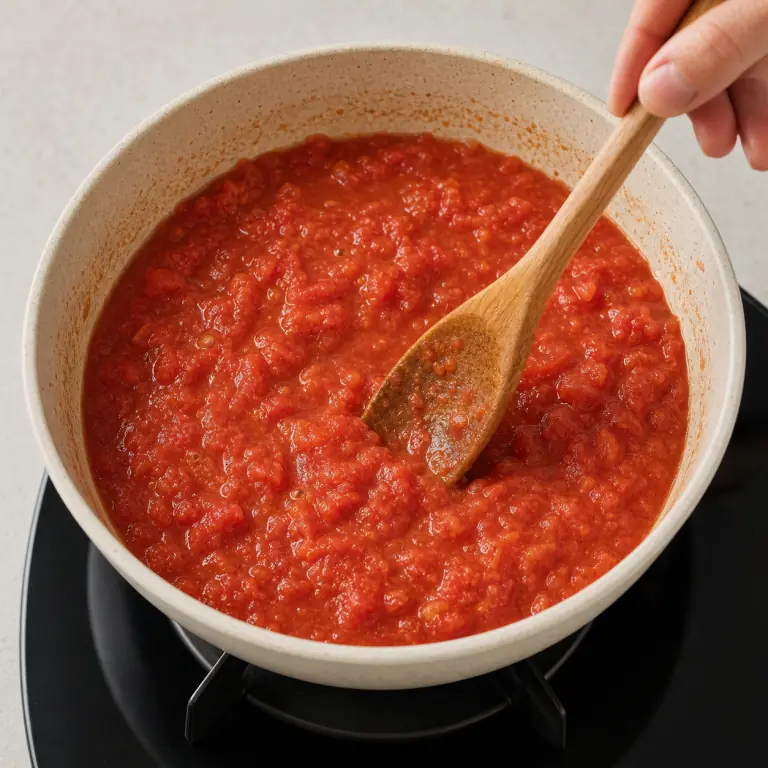 Gros plan pédagogique de laisse mijoter 200 g de tomate concassée jusqu'à ce que la sauce épaississe légèrement. Montrer le récipient exact, une main adulte avec l'ustensile adapté et la couleur ou texture qui prouve la cuisson. Aucun autre aliment ne doit masquer le résultat.