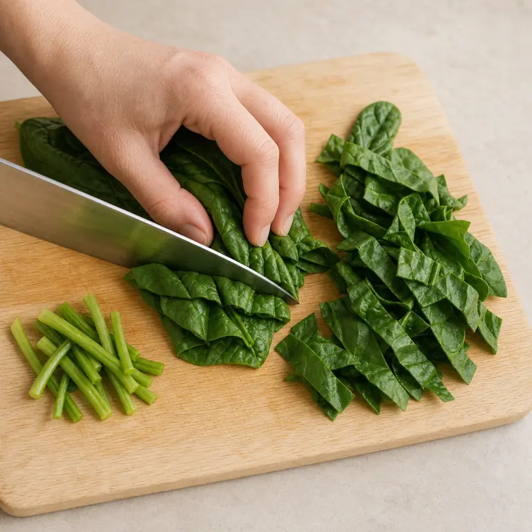 Gros plan pédagogique d'une main adulte qui rince 150 g d'épinards, retire les tiges épaisses puis rassemble les feuilles et coupe-les en bandes de 3 cm, avec lame visible, doigts en griffe, portion intacte et morceaux finis de taille lisible. Aucun autre aliment sur la planche.