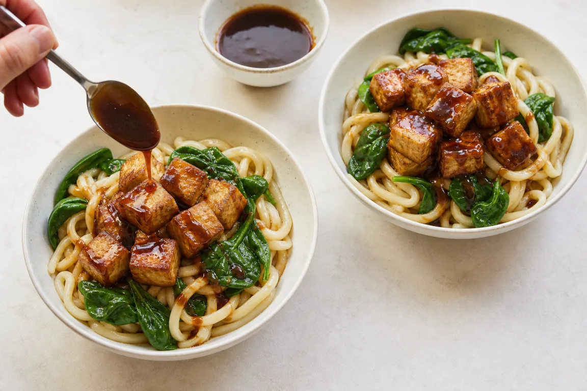 Illustration de l’étape « Étape 6 » pour la recette Tofu frit Hoisin avec sauce aux arachides–Udon.