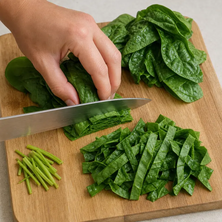 Gros plan pédagogique d'une main adulte qui rince 150 g d'épinards, retire les tiges épaisses puis rassemble les feuilles et coupe-les en bandes de 3 cm, avec lame visible, doigts en griffe, portion intacte et morceaux finis de taille lisible. Aucun autre aliment sur la planche.