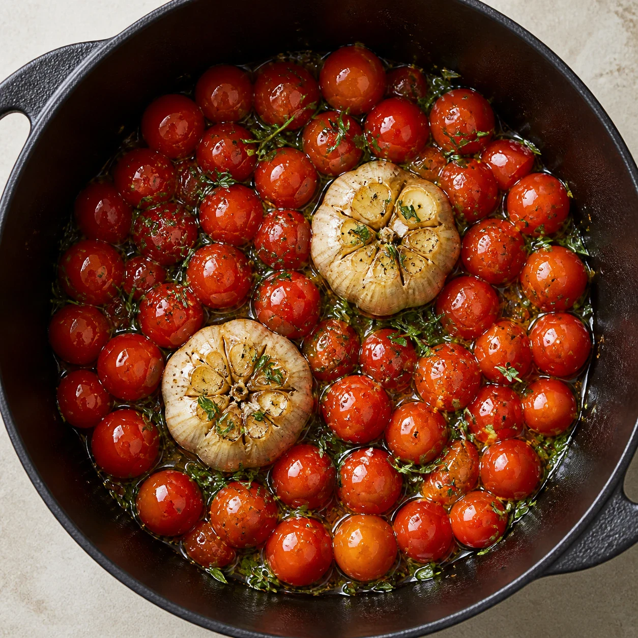 Tomates cerises entières et deux têtes d'ail dans une cocotte noire en fonte, arrosées d'huile d'olive et parsemées de feuilles de thym frais, tomates brillantes, vue de dessus, aucune main, aucun texte, aucune marque.