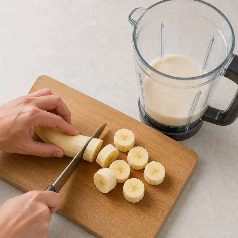 Une planche stable avec une banane en cours de découpe en tronçons de 3 cm, doigts en griffe et couteau visible; un blender ouvert contenant déjà un peu de boisson soja se trouve à côté, sans autre fruit ni poudre.