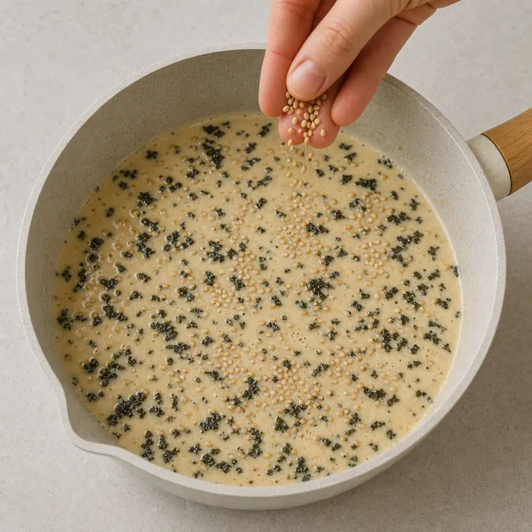 Une sauce végétale crémeuse avec paillettes de nori et graines de sésame.