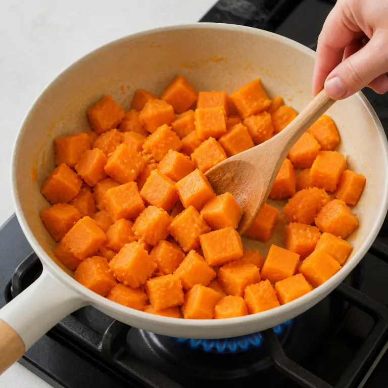 Gros plan pédagogique de fais cuire les cubes de 250 g de patate douce à feu moyen jusqu'à ce qu'ils soient tendres sans se défaire. Montrer le récipient exact, une main adulte avec l'ustensile adapté et la couleur ou texture qui prouve la cuisson. Aucun autre aliment ne doit masquer le résultat.