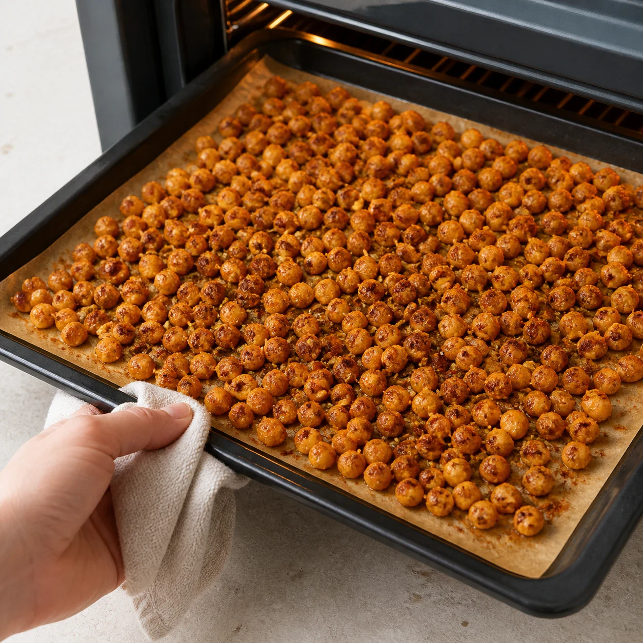 Pois chiches rôtis brun doré à la peau fripée, étalés en une couche sur une plaque recouverte de papier sulfurisé à la sortie du four, paprika et herbes de Provence séchées visibles en surface, aucun autre ingrédient, aucune main, aucun texte, aucune marque.