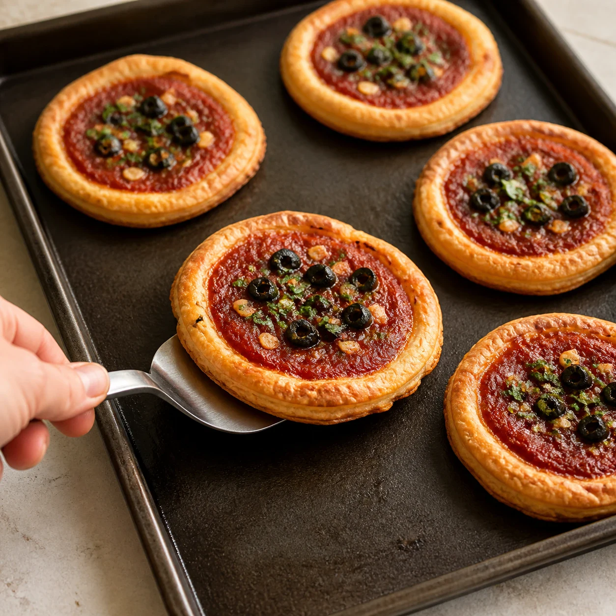 Pizzettes feuilletées cuites sur une plaque de four sombre, bords de pâte gonflés et dorés, disque de sauce tomate rouge foncé, éclats d'ail et de persil, morceaux d'olive noire au centre de chacune, gros plan en lumière naturelle, aucun fromage, aucune main, aucun texte, aucune marque.