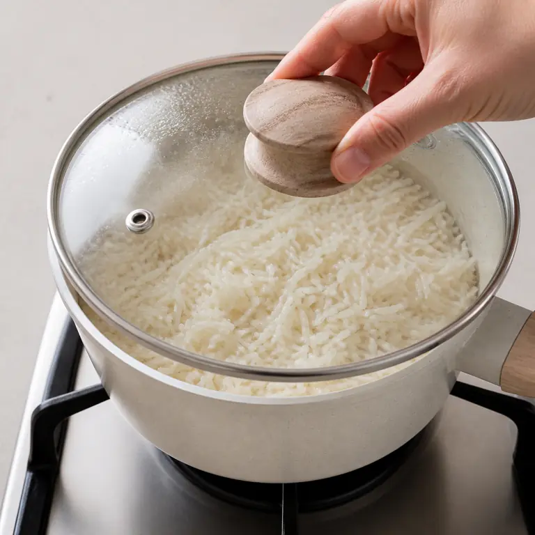 Gros plan pédagogique de fais cuire 80 g de riz basmati à petit frémissement, couvercle posé, jusqu'à absorption de l'eau. Montrer le récipient exact, une main adulte avec l'ustensile adapté et la couleur ou texture qui prouve la cuisson. Aucun autre aliment ne doit masquer le résultat.
