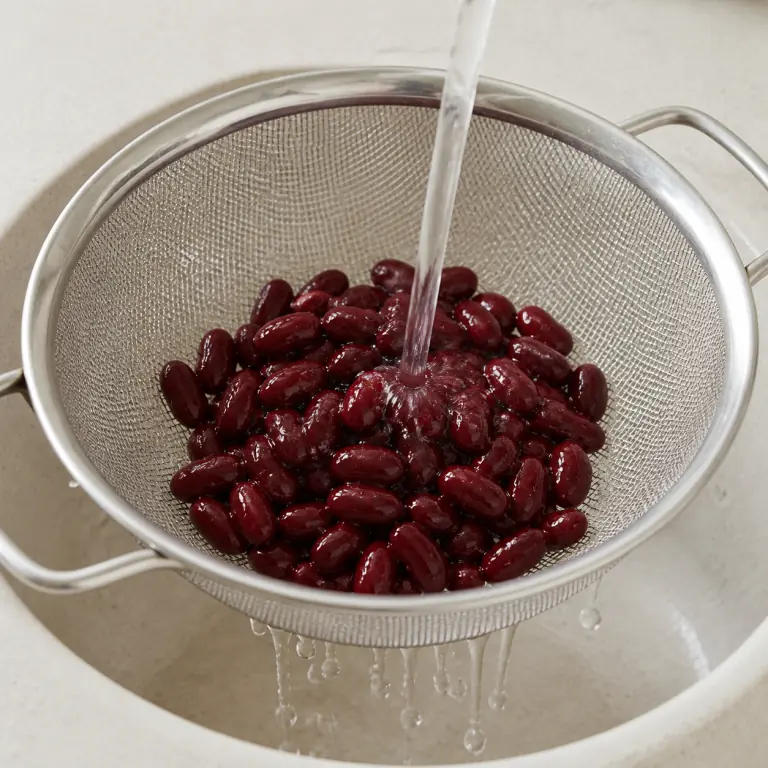 Gros plan pédagogique du geste en cours : égoutte et rince 80 g de haricots rouges sans les écraser. Montrer uniquement cet ingrédient et l'ustensile nécessaire.