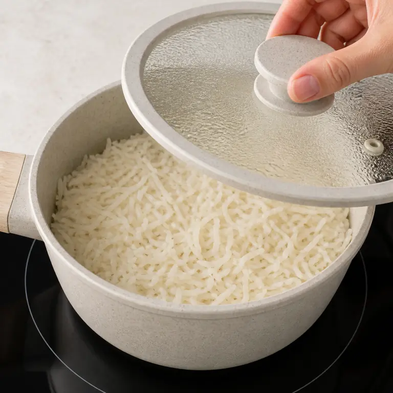 Gros plan pédagogique de fais cuire 80 g de riz basmati à petit frémissement, couvercle posé, jusqu'à absorption de l'eau. Montrer le récipient exact, une main adulte avec l'ustensile adapté et la couleur ou texture qui prouve la cuisson. Aucun autre aliment ne doit masquer le résultat.