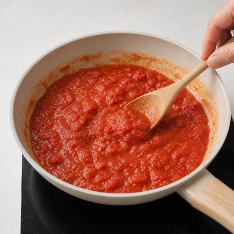 Gros plan pédagogique de laisse mijoter 200 g de tomate concassée jusqu'à ce que la sauce épaississe légèrement. Montrer le récipient exact, une main adulte avec l'ustensile adapté et la couleur ou texture qui prouve la cuisson. Aucun autre aliment ne doit masquer le résultat.