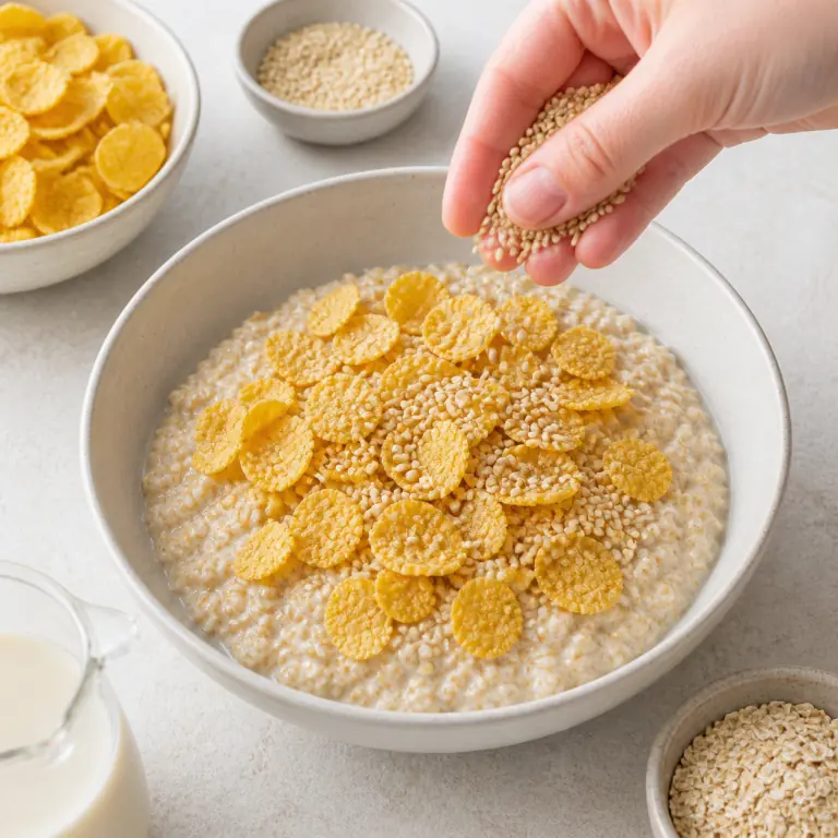 Un bircher d'avoine froid et crémeux surmonté uniquement de corn flakes croustillants et de graines de sésame, sans fruit.