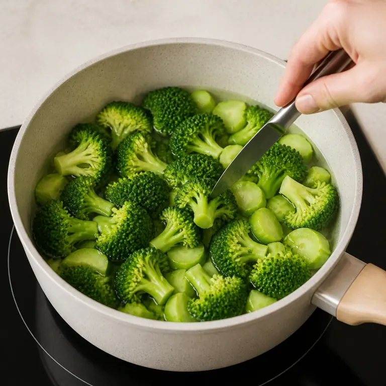 Gros plan pédagogique de fais cuire les fleurettes et demi-rondelles de tige de 180 g de brocoli jusqu'à ce qu'elles soient vert vif et tendres sous la pointe du couteau. Montrer le récipient exact, une main adulte avec l'ustensile adapté et la couleur ou texture qui prouve la cuisson. Aucun autre aliment ne doit masquer le résultat.