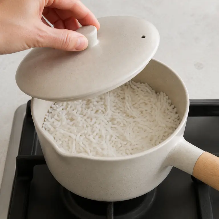 Gros plan pédagogique de fais cuire 80 g de riz basmati à petit frémissement, couvercle posé, jusqu'à absorption de l'eau. Montrer le récipient exact, une main adulte avec l'ustensile adapté et la couleur ou texture qui prouve la cuisson. Aucun autre aliment ne doit masquer le résultat.