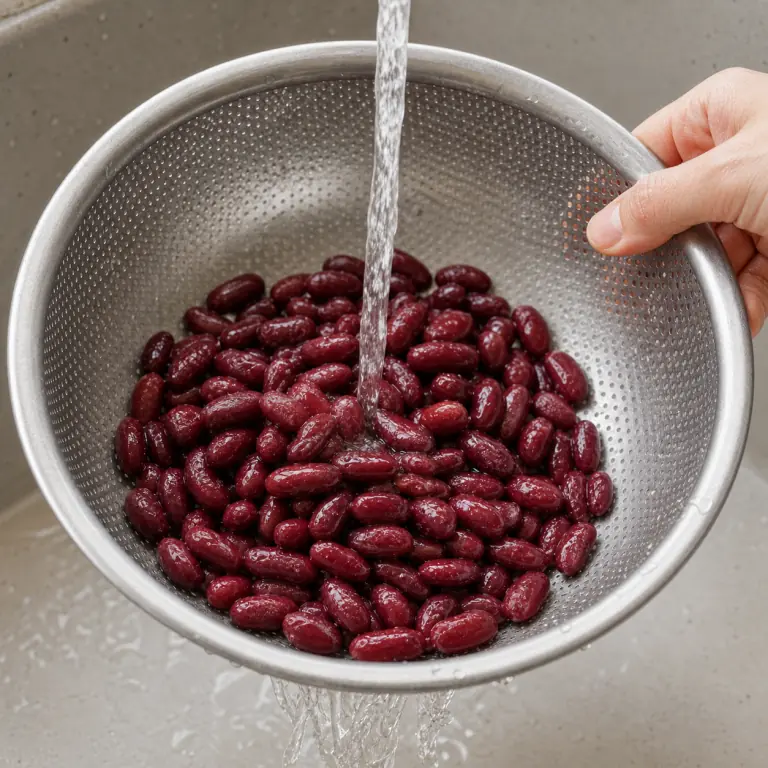 Gros plan pédagogique du geste en cours : égoutte et rince 80 g de haricots rouges sans les écraser. Montrer uniquement cet ingrédient et l'ustensile nécessaire.