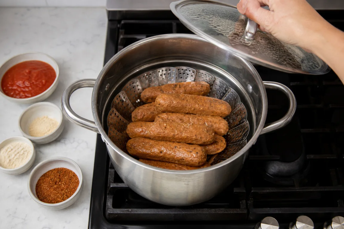 Illustration de l’étape « Étape 4 » pour la recette Saucisses chipotle de seitan à la vapeur.