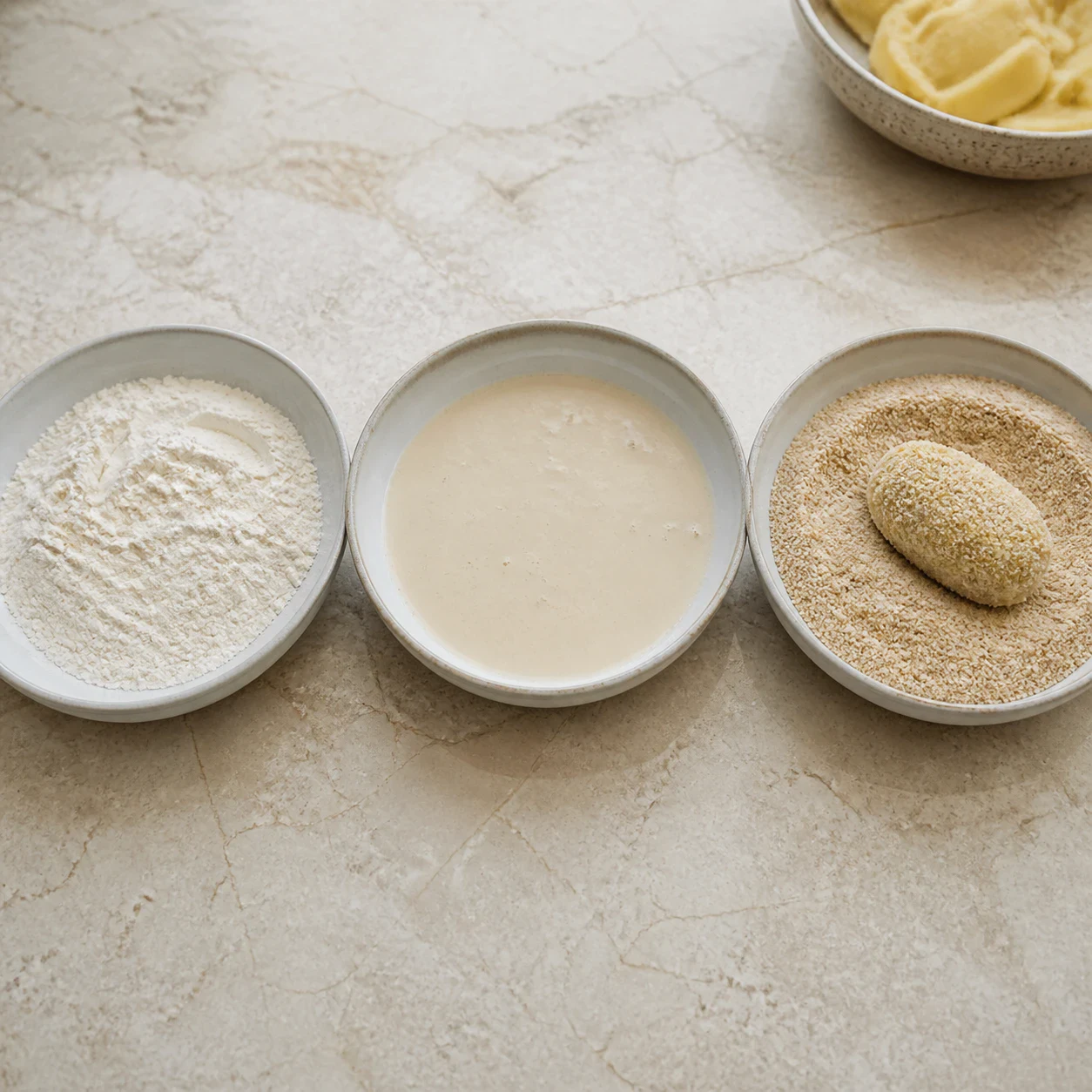 Trois assiettes creuses alignées, l'une avec de la farine de blé, l'autre avec un appareil beige de farine, Maïzena et eau, la dernière avec de la chapelure, et une croquette ovale en cours d'enrobage dans la chapelure. Aucune main, aucun texte, aucune marque.