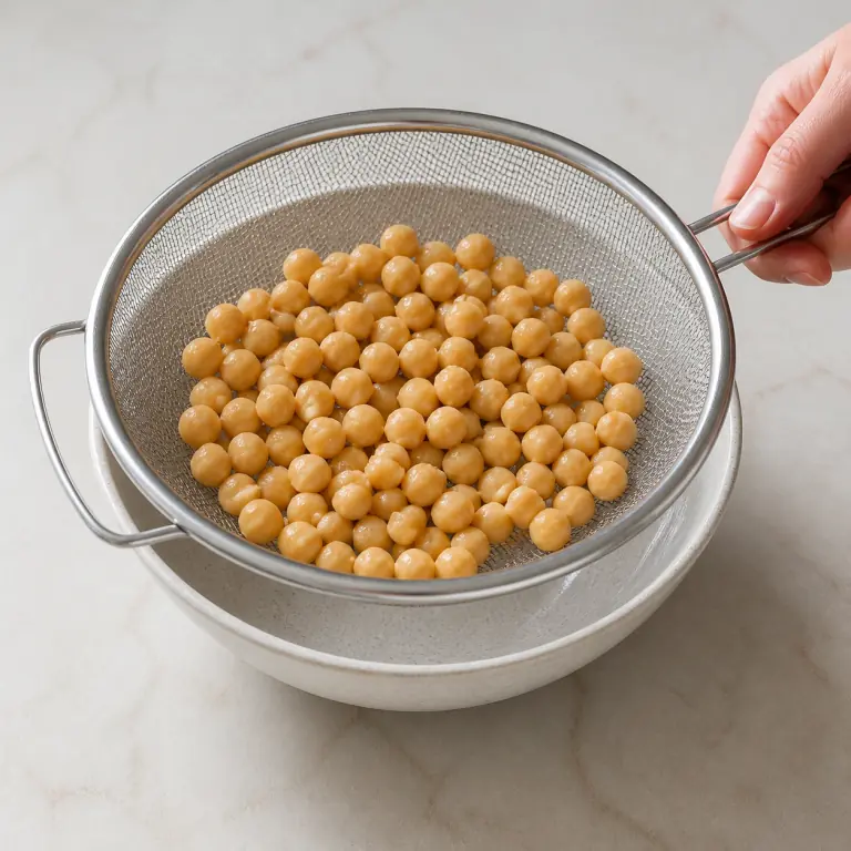Des pois chiches rincés dans une passoire fine.