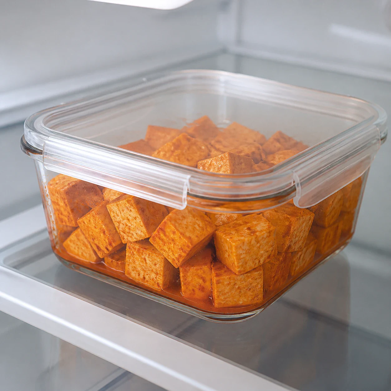 Boîte hermétique en verre fermée contenant des morceaux de tofu entièrement enrobés d'une marinade orange brique au paprika fumé, vue de trois quarts sur une étagère de réfrigérateur, aucune main, aucun texte, aucune marque.