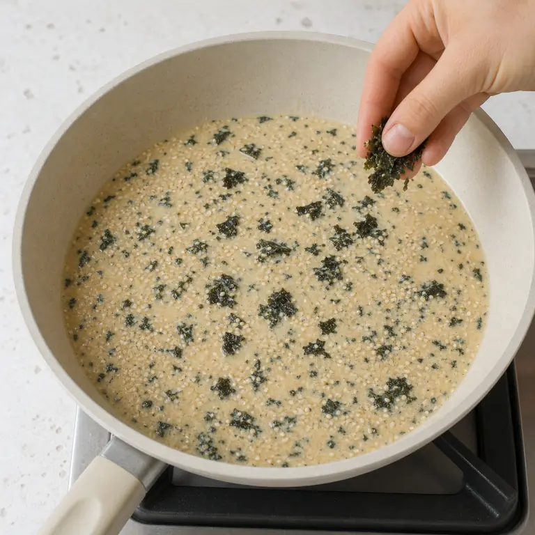 Une sauce végétale crémeuse avec paillettes de nori et graines de sésame.