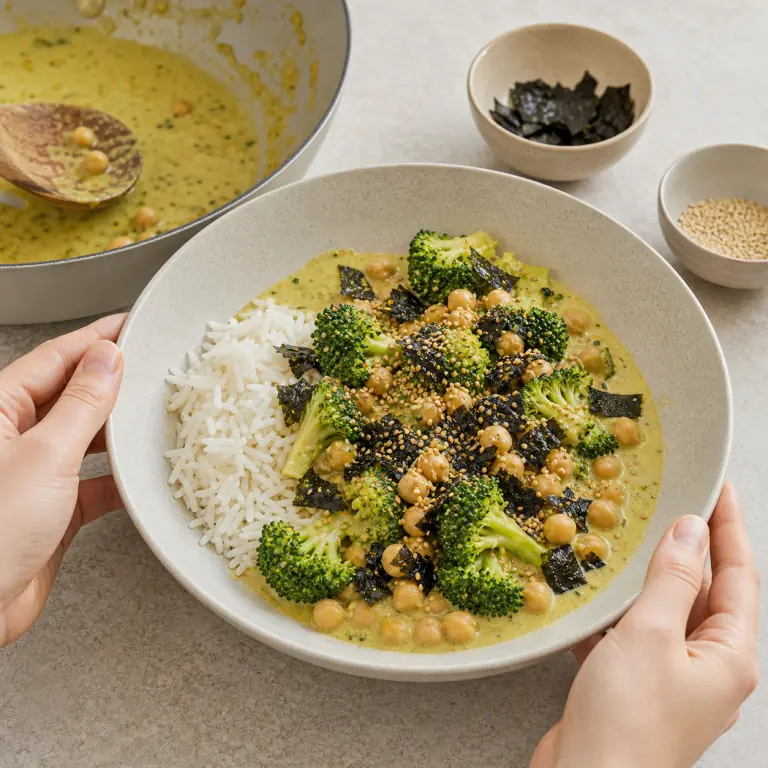 Un bol final de curry pois chiches brocoli avec légumes, pois chiches, nori et sésame.