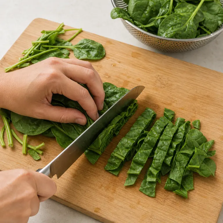 Gros plan pédagogique d'une main adulte qui rince 150 g d'épinards, retire les tiges épaisses puis rassemble les feuilles et coupe-les en bandes de 3 cm, avec lame visible, doigts en griffe, portion intacte et morceaux finis de taille lisible. Aucun autre aliment sur la planche.