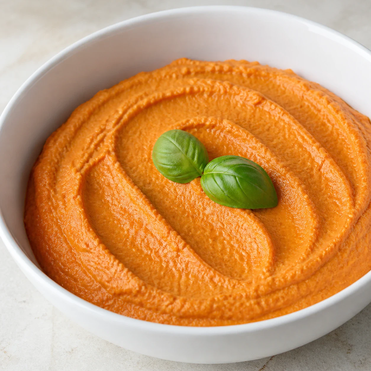 Mousse de poivrons rôtis orange corail étalée dans un bol blanc large, sillons de cuillère bien marqués en surface, deux feuilles de basilic frais posées dessus, gros plan. Aucune graine, aucune épice saupoudrée, aucun texte, aucune marque.