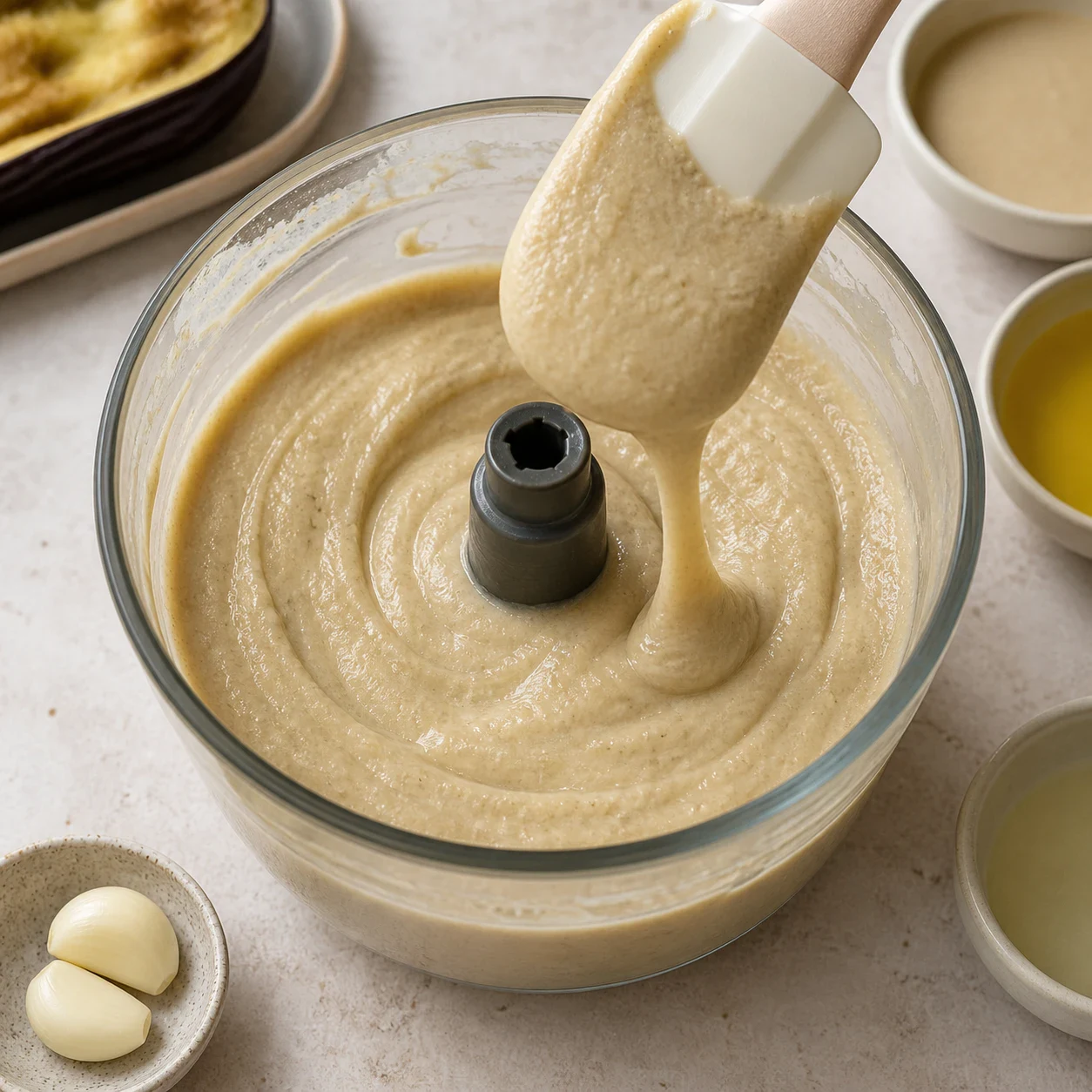 Bol de mixeur en verre contenant de la chair d'aubergine beige, deux gousses d'ail épluchées, une cuillerée de tahini clair, un filet de jus de citron et un filet d'huile d'olive, aucun texte, aucune marque.