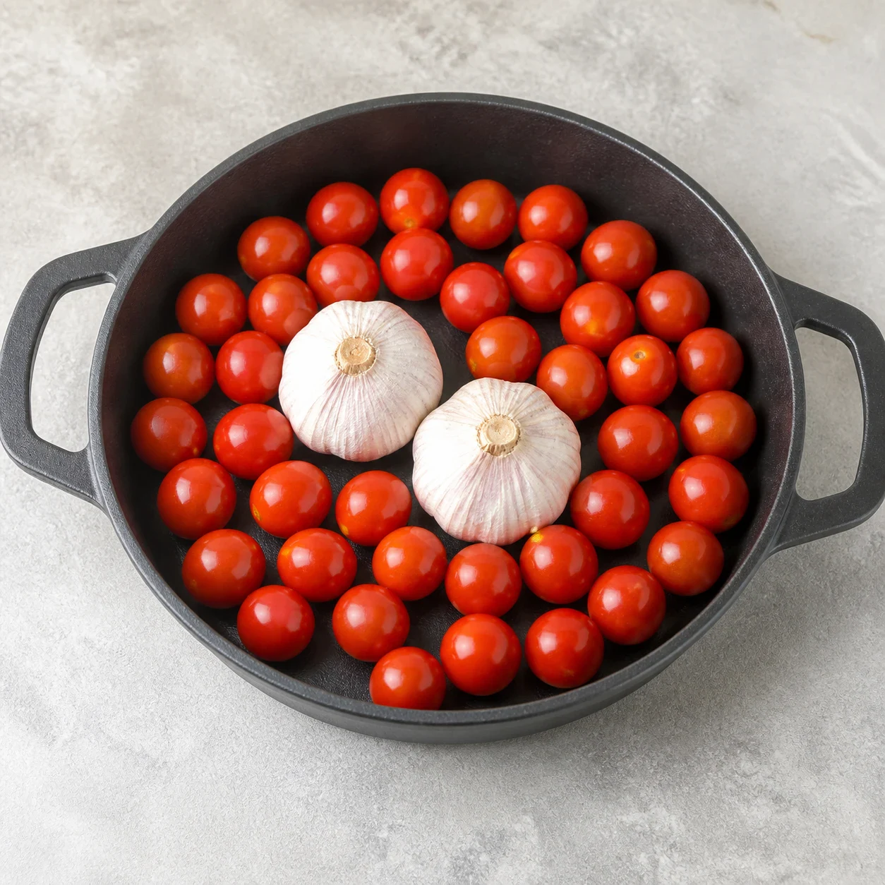 Tomates cerises rouges entières lavées disposées en une seule couche dans une petite cocotte noire en fonte, deux têtes d'ail entières posées au centre, vue de dessus sur un plan de travail gris. Aucun liquide, aucune herbe, aucune main, aucun texte, aucune marque.