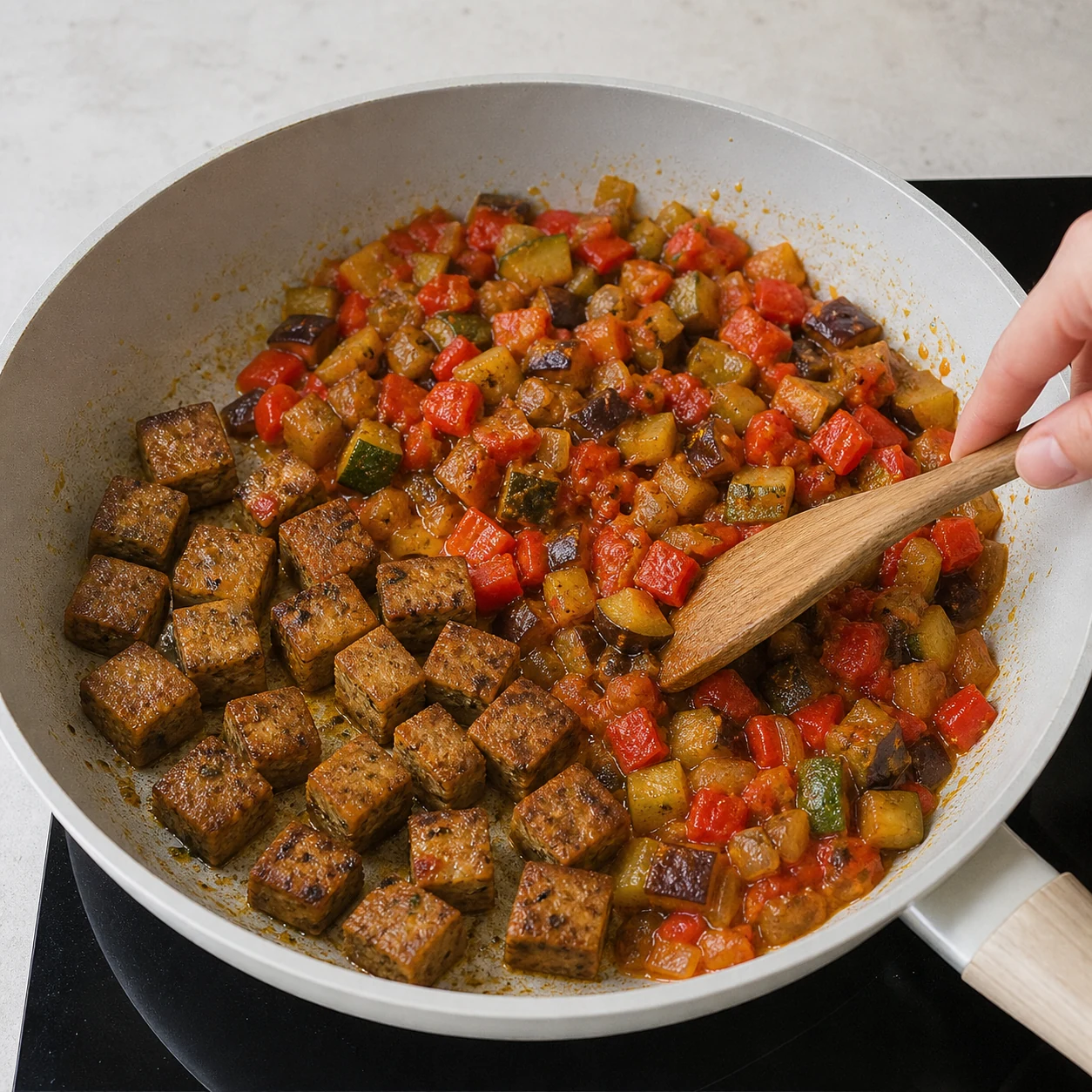 Seitan-ratatouille-riz — cuire le seitan et la ratatouille