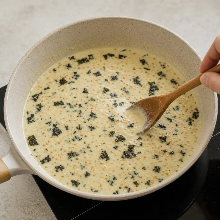 Une sauce végétale crémeuse avec paillettes de nori et graines de sésame.