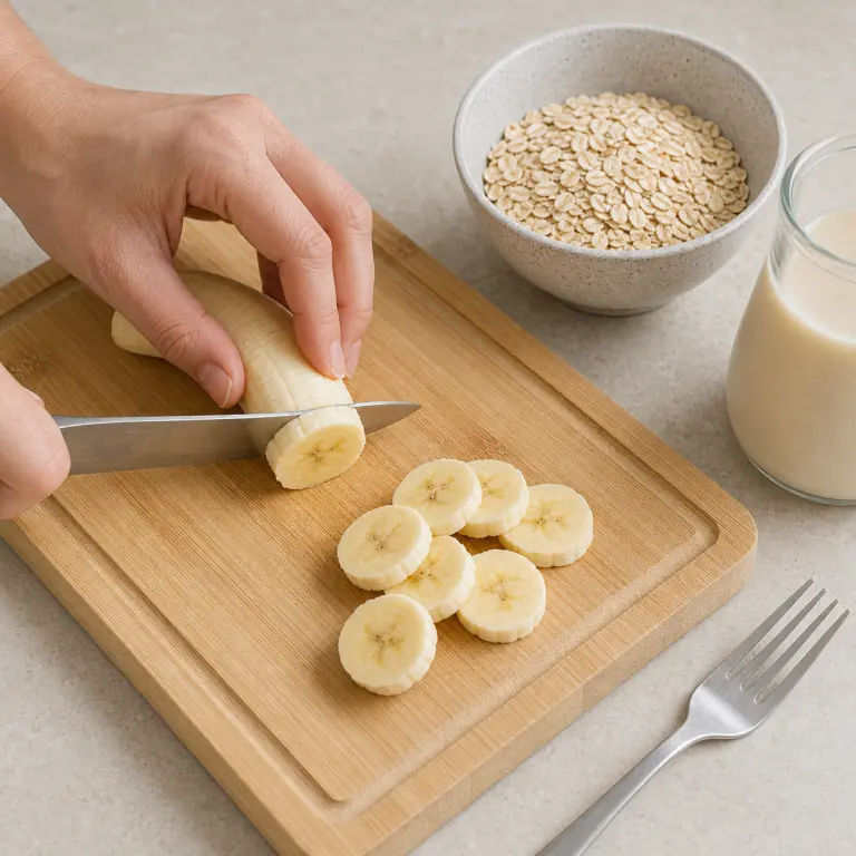 Une planche stable avec une banane en cours de découpe en rondelles de 2 cm, doigts en griffe et couteau visible; une fourchette, un bol d'avoine et la boisson soja sont placés à côté, sans corn flakes.