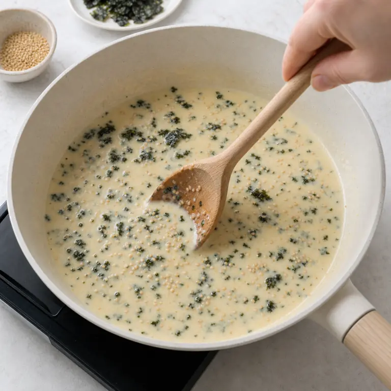 Une sauce végétale crémeuse avec paillettes de nori et graines de sésame.
