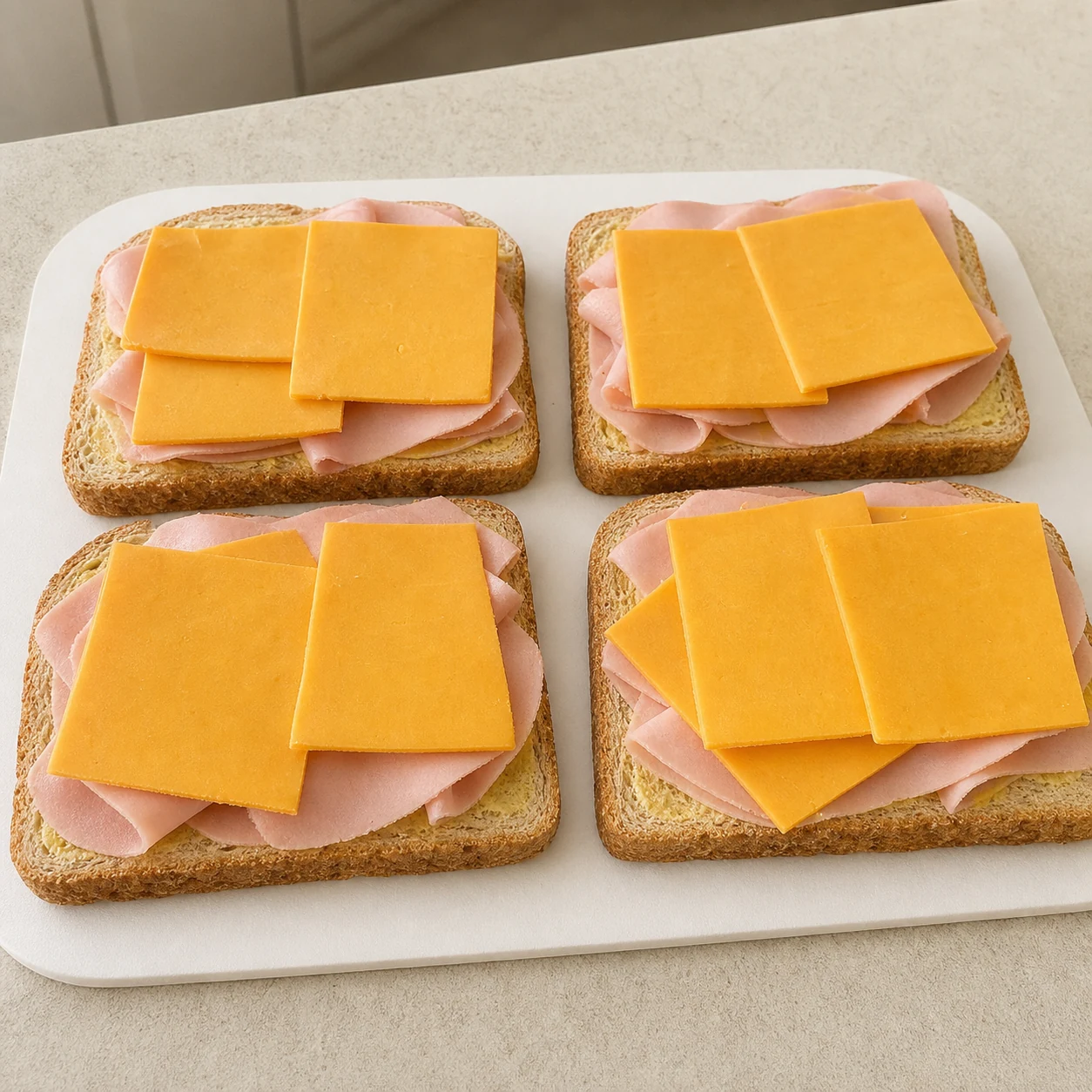 Croque jambon-cheddar — garnir les croques