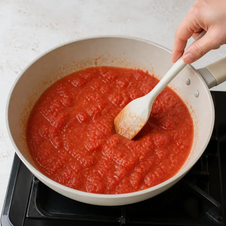 Gros plan pédagogique de laisse mijoter 200 g de tomate concassée jusqu'à ce que la sauce épaississe légèrement. Montrer le récipient exact, une main adulte avec l'ustensile adapté et la couleur ou texture qui prouve la cuisson. Aucun autre aliment ne doit masquer le résultat.