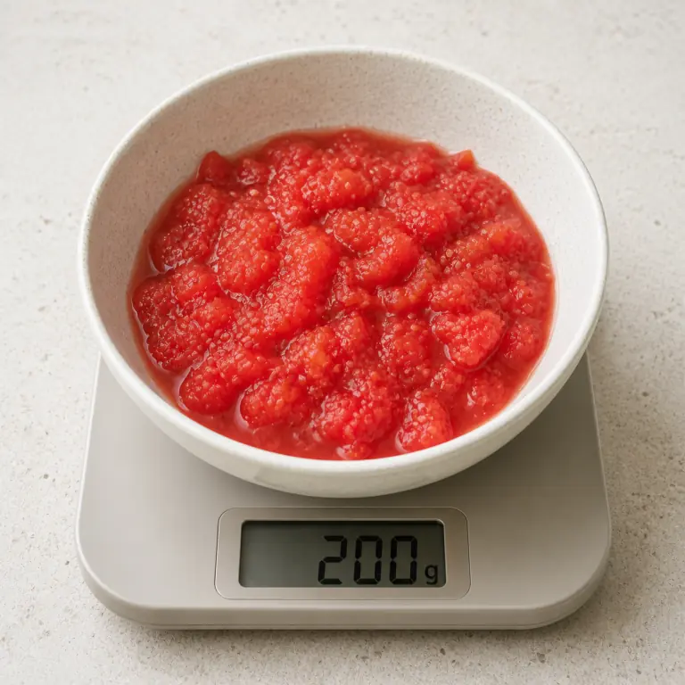Gros plan pédagogique du geste en cours : mesure 200 g de tomate concassée ; elle est déjà découpée et ne doit pas être recoupée. Montrer uniquement cet ingrédient et l'ustensile nécessaire.