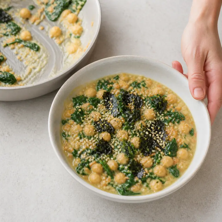Un bol final de dhal épinards nori avec légumes, pois chiches, nori et sésame.