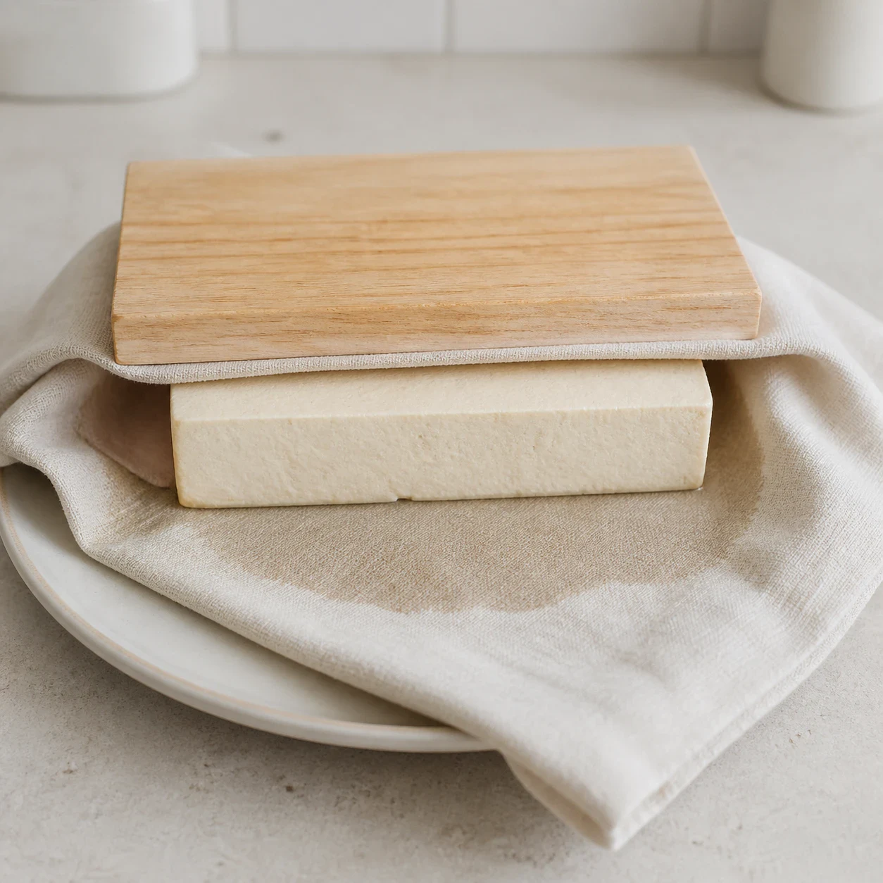 Bloc de tofu nature blanc posé dans un torchon en coton clair sur une assiette, une petite planche en bois posée dessus en guise de poids, auréole d'humidité visible sur le torchon, aucune main, aucun texte, aucune marque.