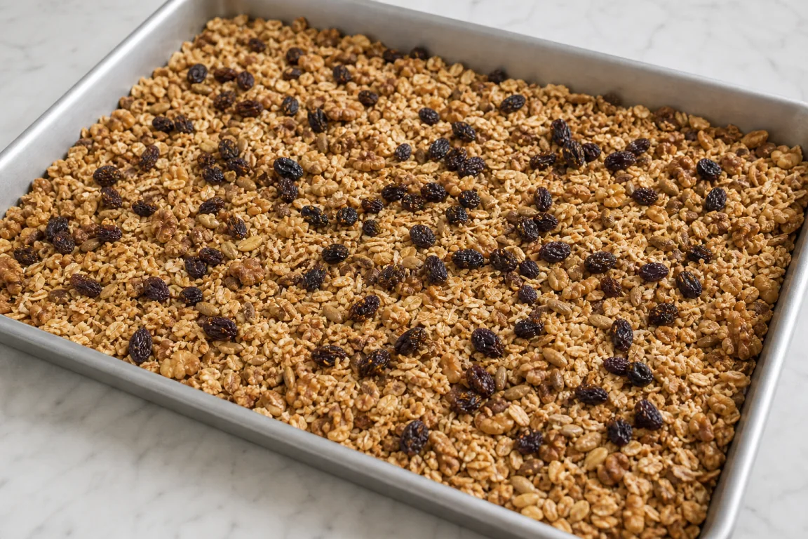 Illustration de l’étape « Étape 2 » pour la recette Graines, noix et fruits Granola cuit.