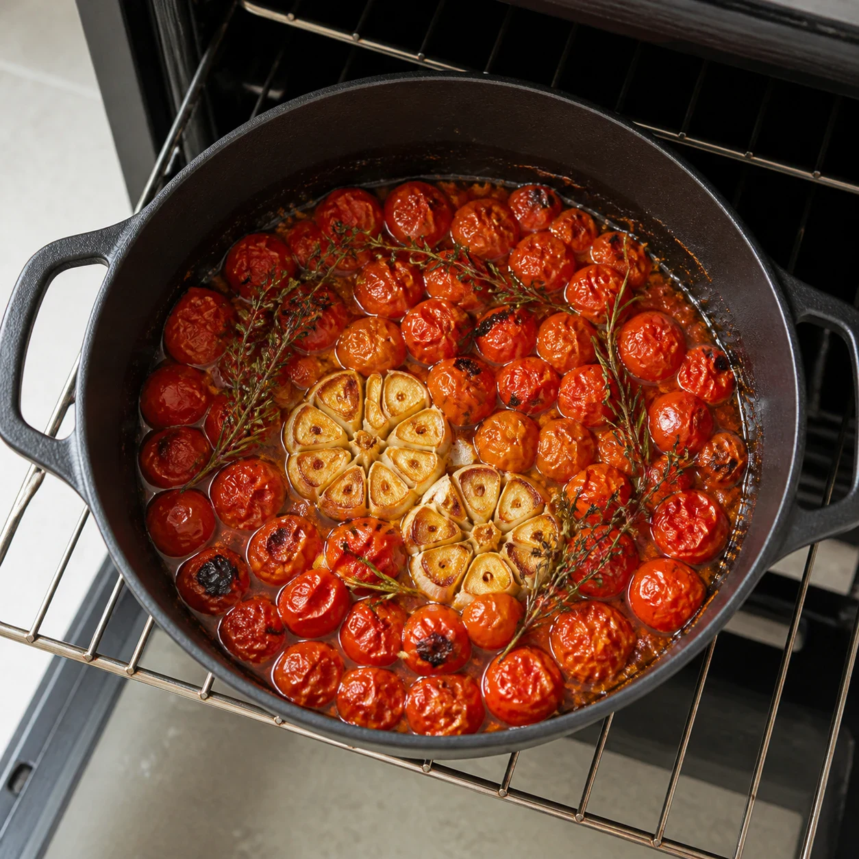 Cocotte noire en fonte sortant du four, remplie de tomates cerises rôties à la peau éclatée et brunie, nappées d'un jus rouge sombre, avec deux têtes d'ail dorées au centre, vue de dessus, aucune main, aucun texte, aucune marque.