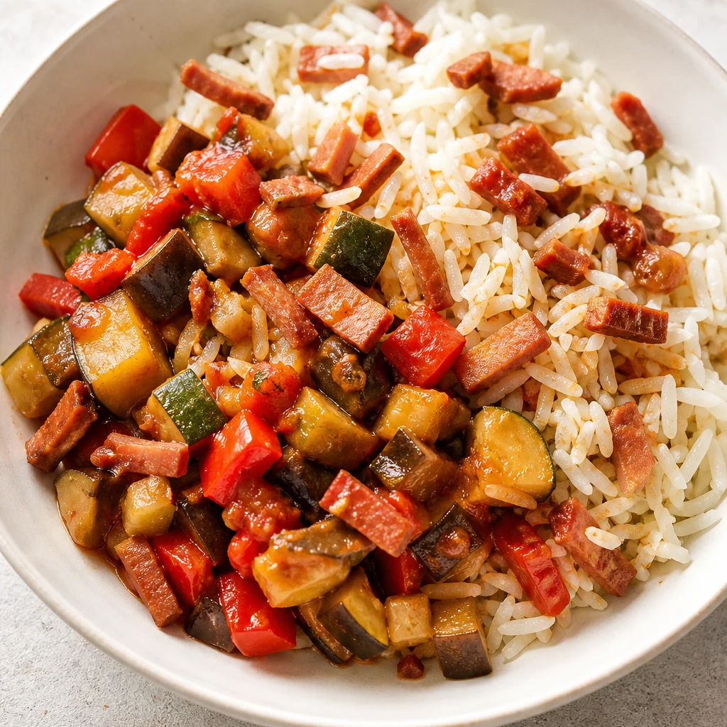 Bol ratatouille-lardons-riz