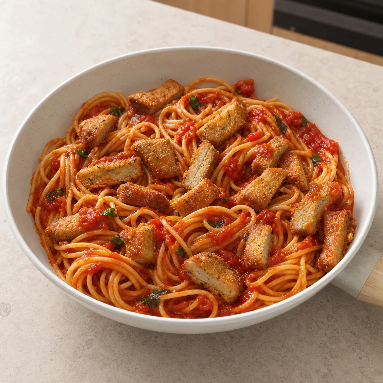 Panée et pâtes tomate — saucer et dresser