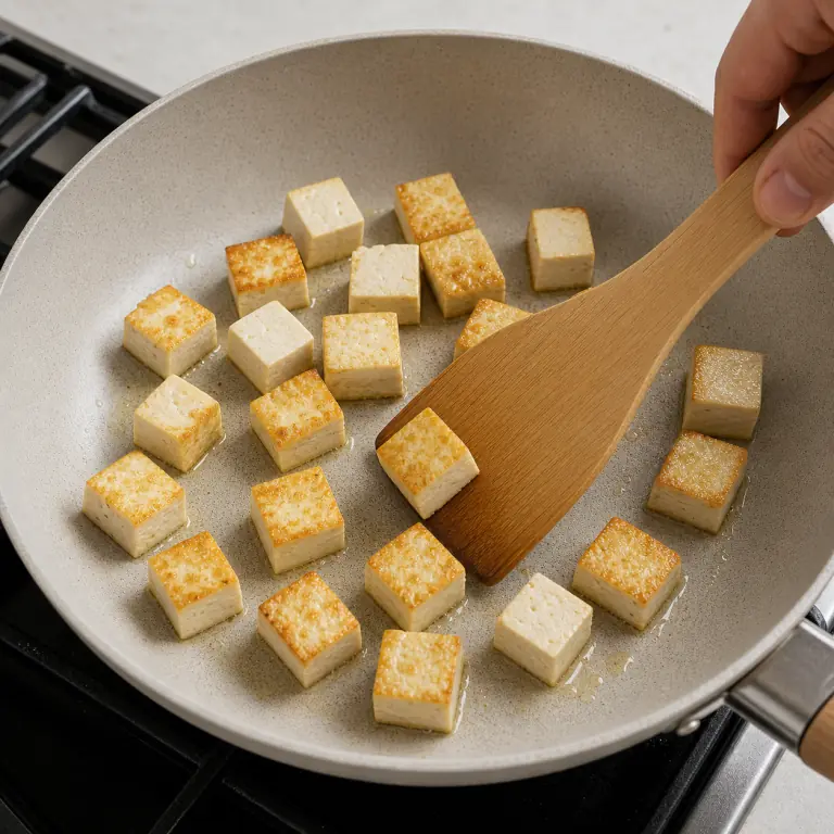 Gros plan pédagogique de fais dorer les cubes de 180 g de tofu dans une poêle chaude et retourne-les seulement quand la face du dessous est dorée. Montrer le récipient exact, une main adulte avec l'ustensile adapté et la couleur ou texture qui prouve la cuisson. Aucun autre aliment ne doit masquer le résultat.