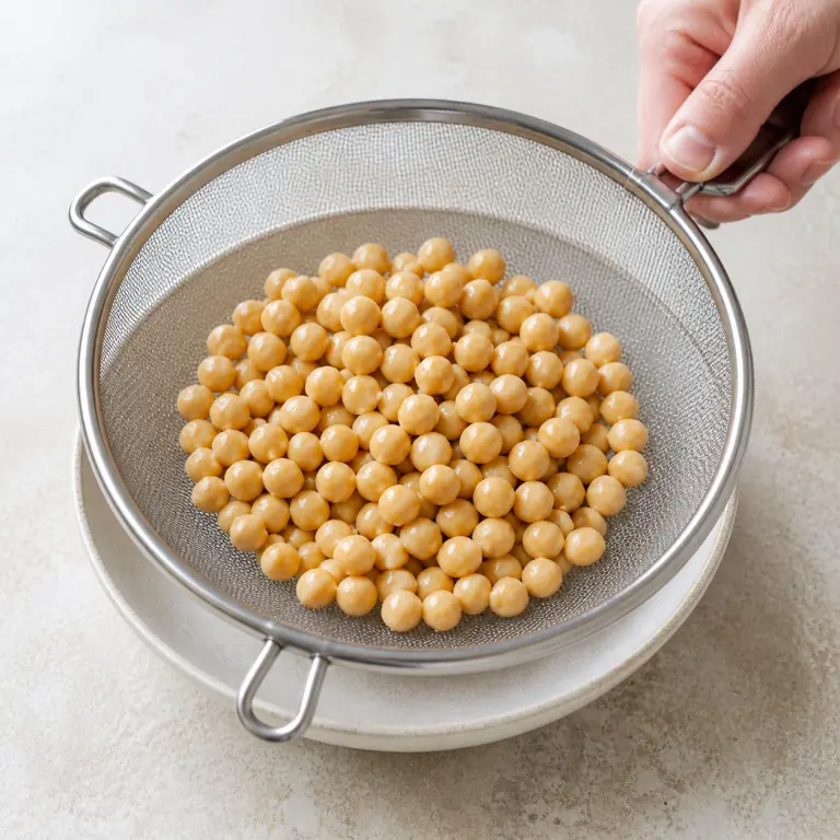 Des pois chiches rincés dans une passoire fine.