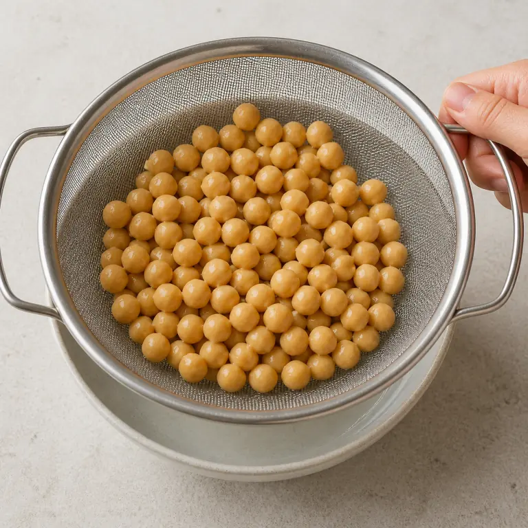 Des pois chiches rincés dans une passoire fine.